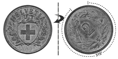 2 centimes 1914, 315° rotated