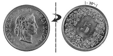 5 centimes 1949, 30° rotated