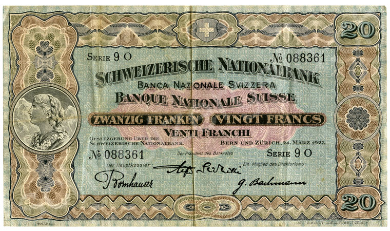 1000 Swiss francs, 1965, grading extremely fine